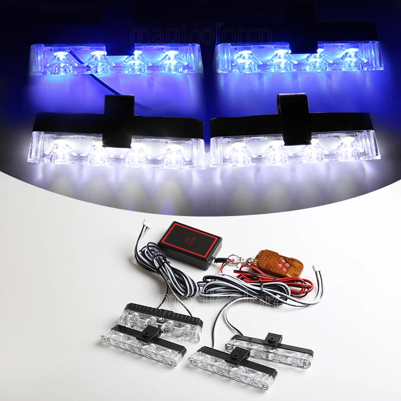 Grill de Carro com Luz LED Estroboscópica Vermelho e Azul – Emergência e Advertência com Controle Remoto Sem Fio