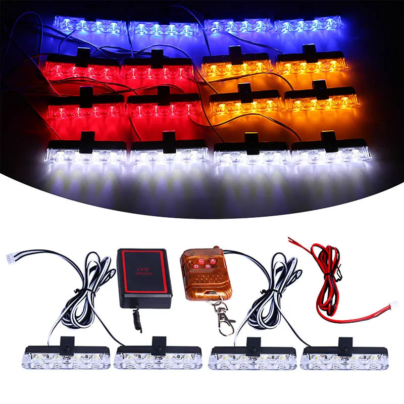 Grill de Carro com Luz LED Estroboscópica Vermelho e Azul – Emergência e Advertência com Controle Remoto Sem Fio